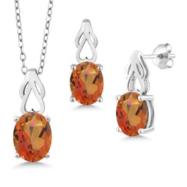 Gem Stone King 925 Sterling Silver Twilight Orange Mystic Quartz Pendant and Earrings Jewelry Set For Women | 5.40 Cttw | Oval 9X7 | Gemstone Birthstone | with 18 Inch Chain