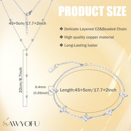 sawyofu Sterling Silver Plated Choker Necklaces Chains For Women 2pcs Cubic Zirconia Long Layered Y Shape Flower Silver Necklaces Jewellery Set Gifts for Her