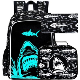 UFNDC 3PCS Shark Bookbag for Boys, Kids Camouflage Bookbag with Lunch Box, 17" Water Resistant Teen Travel School Bag for Middle Elementary