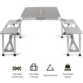 Custpromo Aluminum Portable Folding Picnic Table with Umbrella Hole and 4 Seats, Outdoor Suitcase Camping Table Game Table