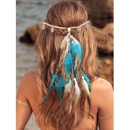 Fashband Indian Feather Headband Boho Coins Tassel Hippie Headdress Tribal Beads Festival Headpiece Hair Accessoriess for Women (B, One Size)