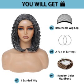 POSYTRESS Short Box Braided Bob Wig for Black Women, 14 Inch Curly Goddess Box Braids Wigs Synthetic Box Braiding Hair Black Color Bob Wigs with Natural Hair Line for Women(#1B, 14”) (#grey)