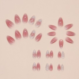 Kamize Almond Fake Nails Pink Press on Nails Full Cover Acrylic Medium Fake Flower Nails for Women and Girls 24PCS