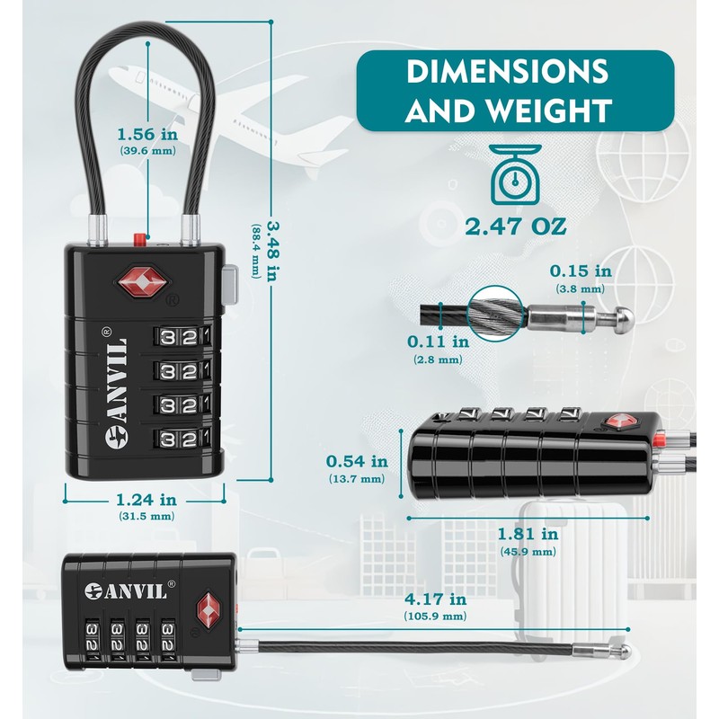 ANVIL 4 Digit Luggage Locks, TSA Locks for Luggage, Advanced