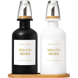 BONLONG 11.8OZ Mouthwash Dispenser for Bathroom with Bamboo & Stainless Steel Pour Spout, Mouthwash Cups Reusable, Bamboo Tray, and Elegant Gold Label. Set of 2（Black/White