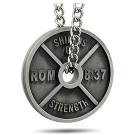 Shields of Strength Men's Antique Finish High Relief Weight Plate Necklace - Romans 8:37