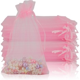 100pcs organza bags small, 4x6 inch,drawstring bags small, Pink Sheer Organza Bags, Wedding Party gift bags small, jewellery pouch,Candy Bags Sachet Pouches for Party, Christmas, Festival, (Pink)
