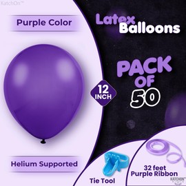 KatchOn, Shiny Purple Balloons Set - 12 Inch, Pack of 50 | Purple Latex Balloons for Purple Birthday Decorations | Purple Blow Up Balloons for Purple Party Decorations | Round Dark Purple Balloons