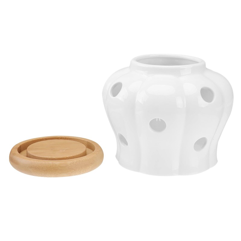 BESTONZON White Stoneware Garlic Keeper Bamboo Lid Round Ceramics Garlic