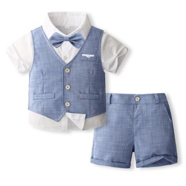 Volunboy Baby Boys' Suit, Summer Suit Vest Shirt with Bow Tie + Shorts for Festive Wedding Clothing Set 4-Piece, blue