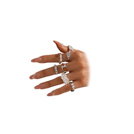 DZSYJKTM 7Pcs Stackable Chunky Gold Hammered Zirconia Knuckle Finger Ring for Women Trendy Silver Thick Irregular Red Crystal Rings Fashion Stack Party Jewelry (Silver)