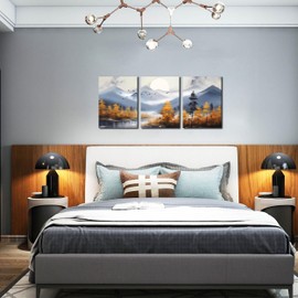 CANEITO Mountain Wall Art for Living Room, Gold Tree Canvas Wall-Decor for Bedroom, Modern Forest Print Picture, Size 12x16 Inches 3-Piece