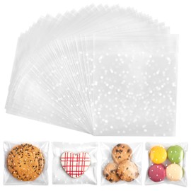 300PCS Cookie Bags Self Adhesive Clear Plastic Cellophane Treat Bags for Candy Pastry Packaging Christmas Party Favor Gift Giving (White Polka Dots, 4 x 4 inches)