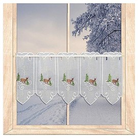 High Quality Embroidered Winter and Christmas Window Curtain Winter Deer Made of Plauen Lace in 2 Heights (Height x Width: 30 x 80 cm)