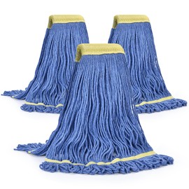 Matthew Cleaning Commercial Mop Head Replacement, 5 Inch Wide Headband, Looped End Cotton Blend String Wet Mops for Floor Cleaning, 18 oz Medium, 3-Pack Blue