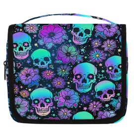 Colorful Skull Flower Travel Toiletry Bag with Hanging Hook, Waterproof Toiletries Travel Bag for Women Girls, Portable Make Up Bag Organizer, Hanging Travel Case Cosmetics Bag for Bathroom Travel