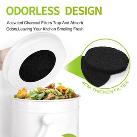 Compost Bin Kitchen Countertop, 1.7 Gallon Indoor Compost Pail, Odorless Food Waste Bin Compost Bucket with Charcoal Filter & Trash Bags & Waste Tray & Brush