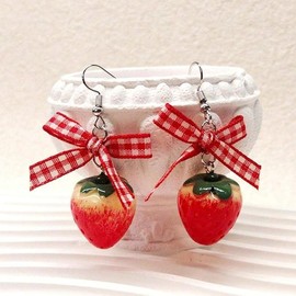 Bow Strawberry Earrings Red Strawberry Pendant Earrings Sweet Cute Bow Earrings Festival jewelry (Red, One Size)