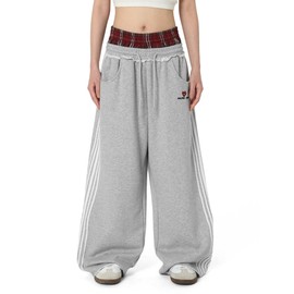 Aelfric Eden Baggy Wide Leg Sweatpants for Women Plaid Patchwork Sweat Pants Loose Long Pants with Pockets Grey Small