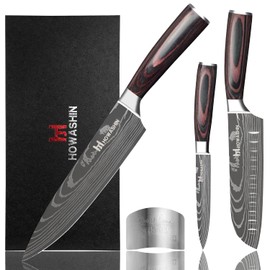 Howashin 3Pcs Knife Set Professional Kitchen Knife Set Stainless Steel Janpanene Chef Knife Ergonomic Colour Wood Handle With Finger Guard and Mother's Day Gift Box