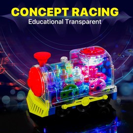 KJIXYUNG Transparent Train Toy Lighting Car Gear Toys Light Up Music Electric Train Rotating Mechanical Gear Train for Kids Educational Toy with Flashing Light Sound Music