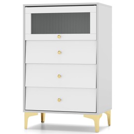 LOKO 3 Drawer Dresser, 37.5" Tall Dresser Chest of Drawers with Flip-up Fluted Glass Door, Gold Handles and Legs, Modern Dresser Storage Tower for Bedroom, Closet, Living Room, Entryway (1)