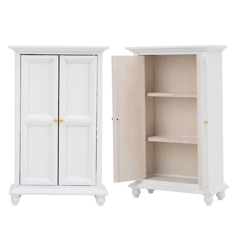 Miniature Doll House Wardrobe White Wooden Double Door Household Closet