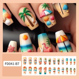 Gradient Press on Nails Summer Fake Nails Medium Square Glue on Nails Beach Flamingo Stick on Nails Colorful Acrylic False Nails Glossy Full Cover Artificial Nails Reusable Nails Kit for Women Girls