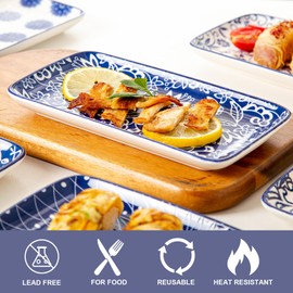 Cerkik Rectangle Serving Platter Set - 8 Inch Ceramic Dinner Plates Rectangular Serving Trays for Sushi Salad Dessert Pasta Appetizer - Oven Microwave Dishwasher Safe - Set of 6 - Vintage Blue