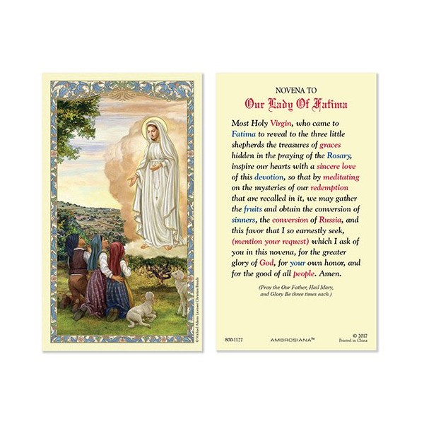 Our Lady of Fatima Laminated Holy Card with Catholic Novena To our Lady of Fatima Prayer on the back (5 pack)