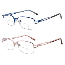 FEIVSN 2 Pack Metal Bifocal Reading Glasses for Women Designed Lady Bi-focal Readers Half Frame Fixed Hinge Clear 0 Top, Royal Blue + Baby Pink, +3.50