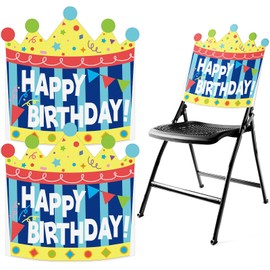HunnmingRe 2 Pcs Birthday Chair Cover, Colorful Seat Cover for Classroom Seat Decorations for Kids Office Classroom School Home Dining Party Decorations(Crown,Blue)