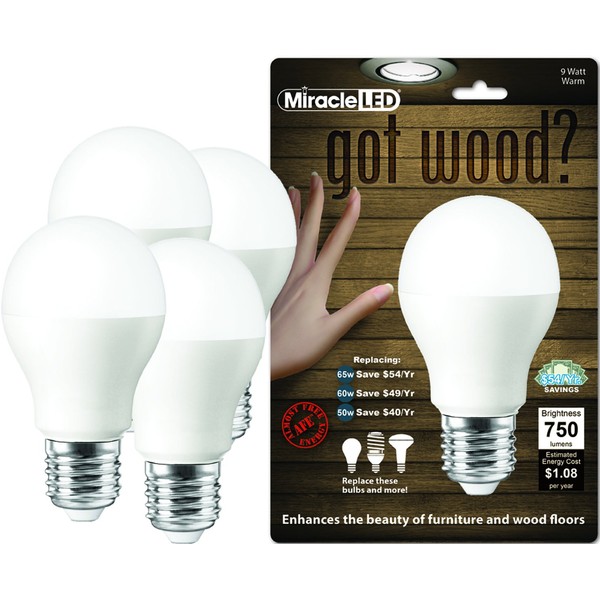 MiracleLED 604738 9 Watt Got Wood Bulb, Warm White, 4-Pack Replacing Old, Hot 60W Incandescents, 4