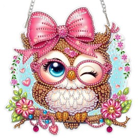 MEIYUDA Owl Diamond Painting Hanging Kit, 5D Owl Diamond Art Window Ornament for Adults, Cute Animals Special Shape Rhinestone Acrylic Pendant for Home Garden Wall Decor Gift