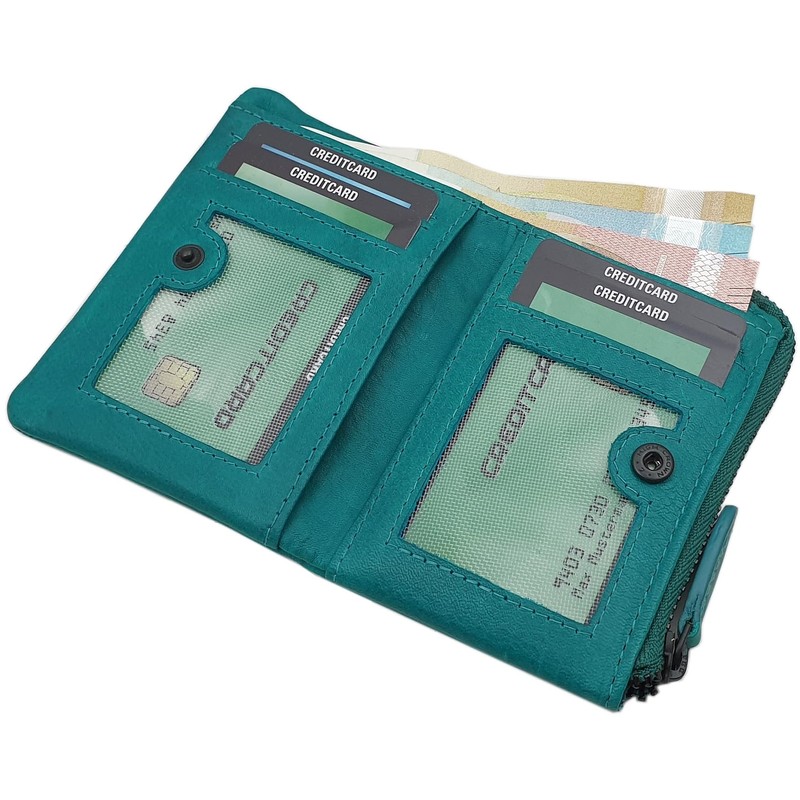 myledershop Cowhide Leather Wallet with RFID & NFC Protection, petrol,