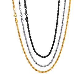 Rope Necklace Men Women 3mm Stainless Steel Black Gold Plated Twisted Rope Chain Set 18 Inch