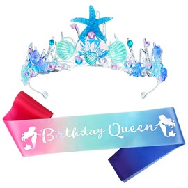 CIEHER Mermaid Birthday Decorations - Blue Mermaid Crown and Birthday Sash for Women Birthday Sashes Mermaid Tiara Princess Birthday Party Favors