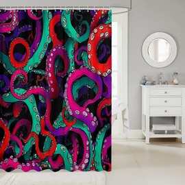 Octopus Tentacles Shower Curtain Kids Ocean Kraken Print Bath Curtain with 12 Hooks Cloth Fabric Bathroom Green Red Sea Life Decor Waterproof Polyester Bathroom Curtain for Bathtubs Stalls 72"Wx72"L