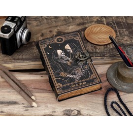 cuero Book of Spells Leather Journal Deckle Edge Paper Grimoire Printed Journal The Lovers Tarot Notebook Spiral Gothic Notebook Skull lover Antique Vintage Leather Journals for Men and Women