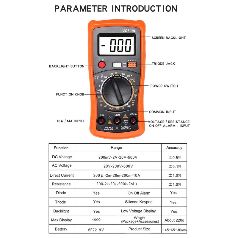 Digital Multimeter with Premium Probes, Measures AC/DC Voltage, Current, Resistance,