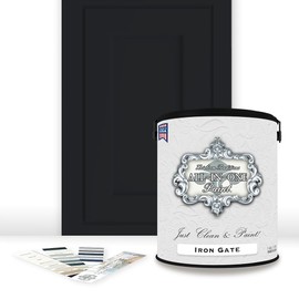 ALL-IN-ONE Paint, Iron Gate (Black), 128 Fl Oz Gallon. Plus our top 30 color selector card. Durable cabinet and furniture paint. Built in primer and top coat, no sanding needed.