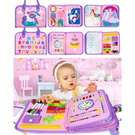 Busy Board for Toddlers 8 in 1 Montessori Toys for 2 Year Old Girl Bithday Gift Preschool Learning Activities with Life Skill, Alphabet, Number, Puzzles, dressups Toddler Travel Toys Unicorn Toys