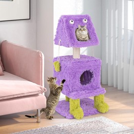 Tangkula Monster-Themed Cat Tree, 3-Level Cat Tower Activity Center with 2 Private Cat Condo, Sisal Scratching Posts & Hanging Toys, Long Plush Cute Cat Tree Tower for Indoor Cats (44 Inch)