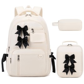 Bevalsa Backpack for Gilrs, Cute School Bags for Kids with Lunch Bag & Pen Case, Bow Bookbag for Girls Children Teens for Elementary Middle High School Student, Back To School Gift (Beige)
