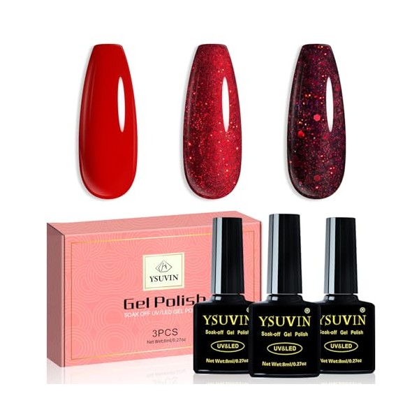 YSUVIN UV Nagellack Rot, 3 Farben Rot Glitzer Gel Nagellack