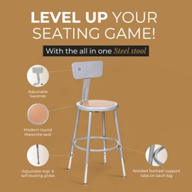 OEF Furnishings OEF6218HB/2 Premium Commercial-Grade All-Purpose Round Stool with Backrest (Height-Adjustable, 18–27 inch Range, Gray Frame, Masonite Wood Seat, 2-Pack)