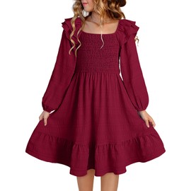 DOKOTOO KIDS Dress for Girls Tween Fall Dresses Girl Long Sleeve Spring Dress Smocked Casual Vestidos para Niñas Elegantes Outdoor Birthday Red 10-11 Years