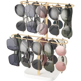 Sunglasses Organizer Glasses Holder Stand for 24 Pairs of Eyewear, 2 Tier Sunglass Storage Eyeglasses Display Rack Metal Frame with  Base for Table Desk Countertop Dresser Bedroom, Black - Color: Gold
