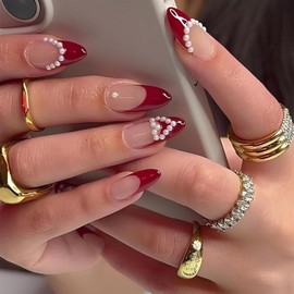 Vopintpy Heart Pearl Press on Nails Red French Tip Fake Nails with Design Glossy Long Almond Glue on Nails Reusable Acrylic Stick on Nails for Women DIY Charm Manicure