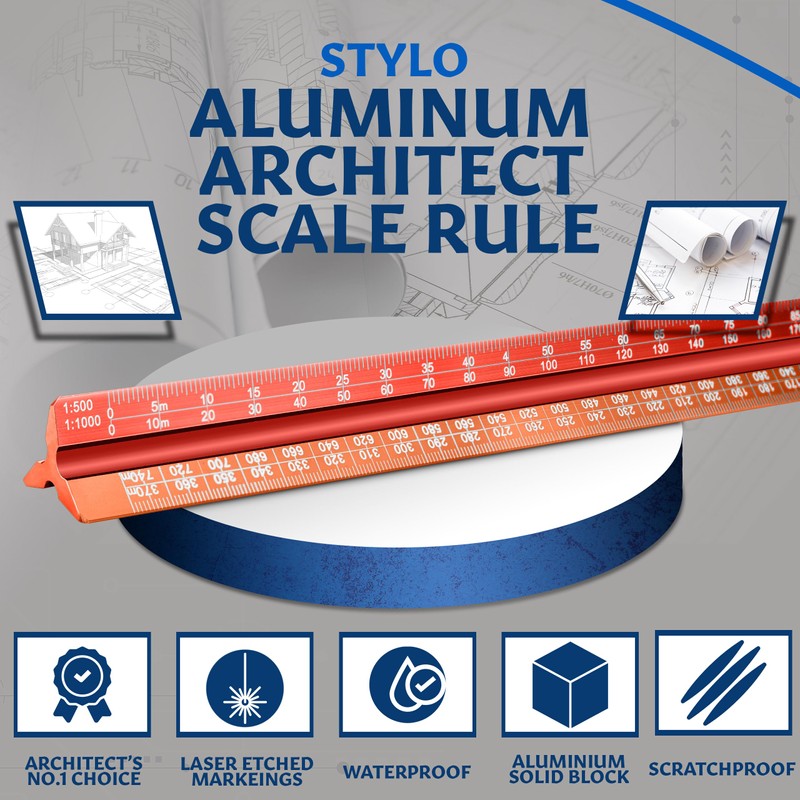 Stylo 12" Aluminum Architect Scale Ruler Laser Etched Triangle Drafting